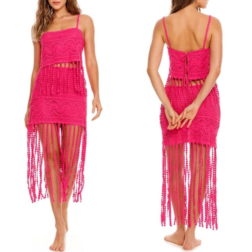 AGUA BENDITA Marni and Ster Crochet Fringe Pink Two Piece Mini Dress Set Size L